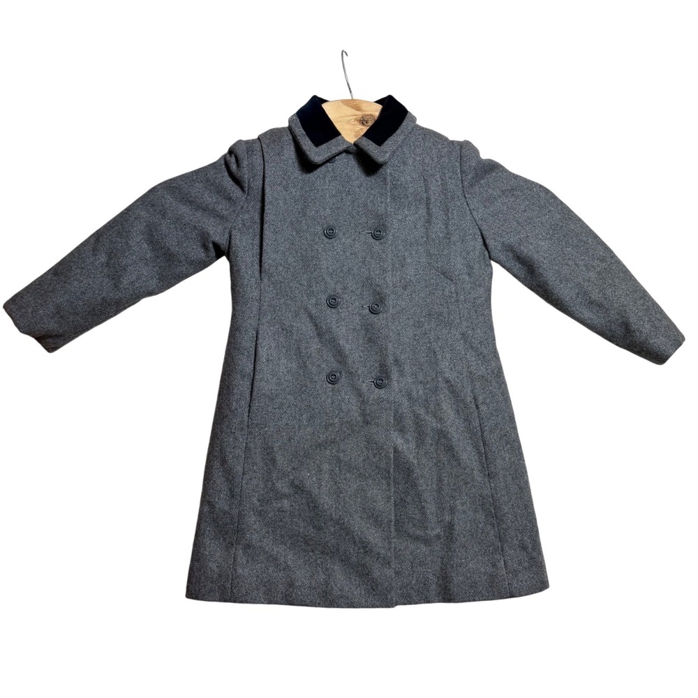 Little Nugget Vintage Gray Wool Blend Double Breasted Coat Velvet Collar Trim